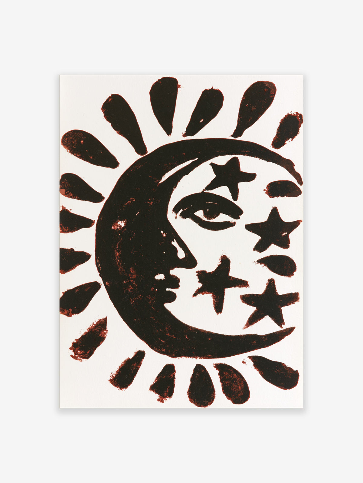 Black and white celestial poster of a crescent moon face with stars and sun rays
