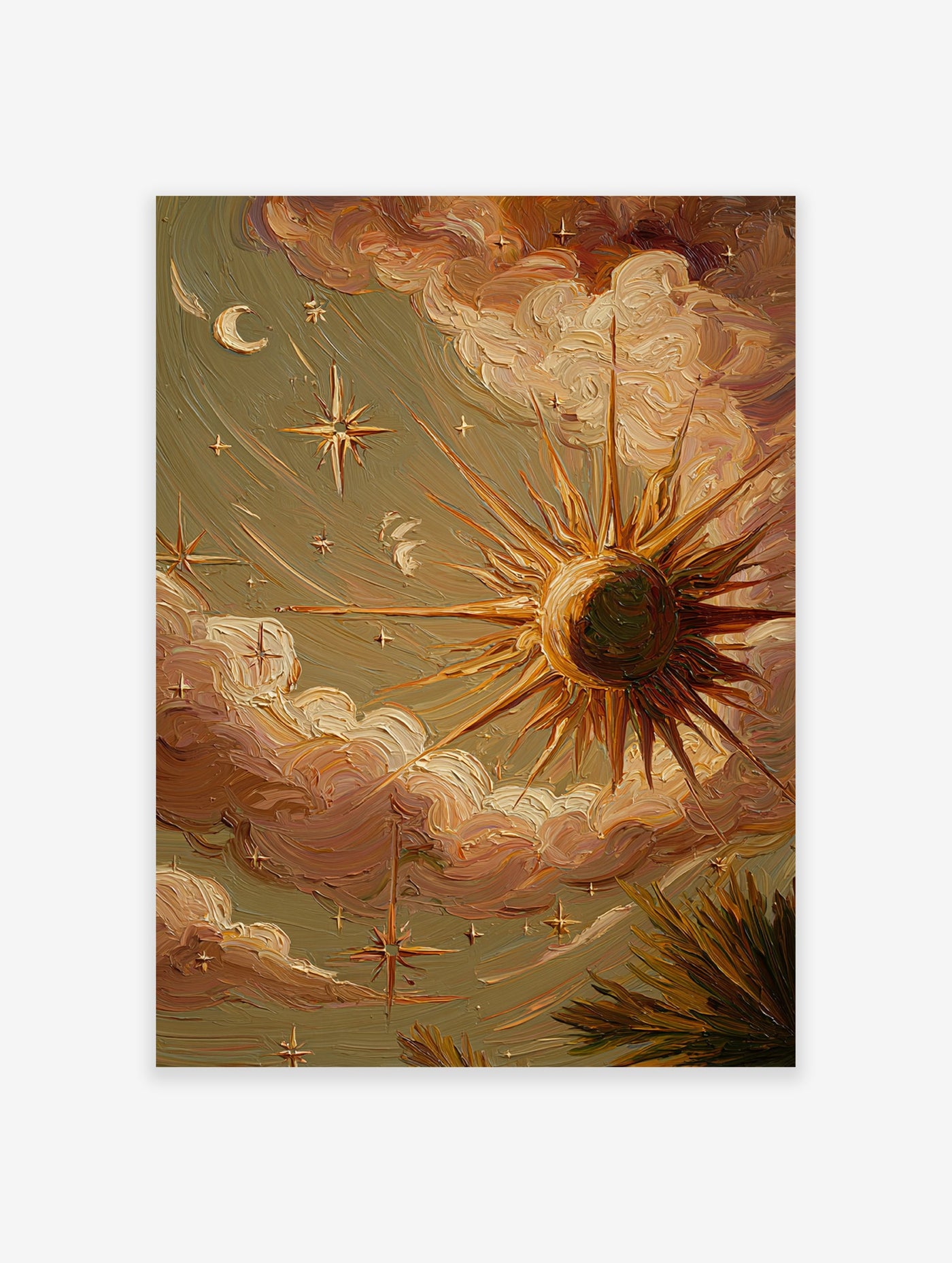 Textured celestial wall art painting with a radiant sun, crescent moon, and stars amidst warm, cloudy skies and earth-toned foliage.
