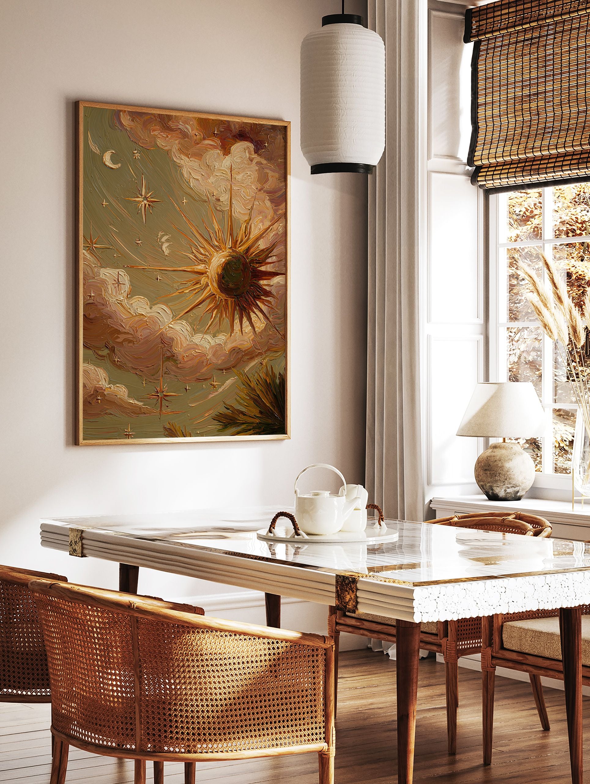 Textured celestial wall art painting with a radiant sun, crescent moon, and stars amidst warm, cloudy skies and earth-toned foliage. - Image 2
