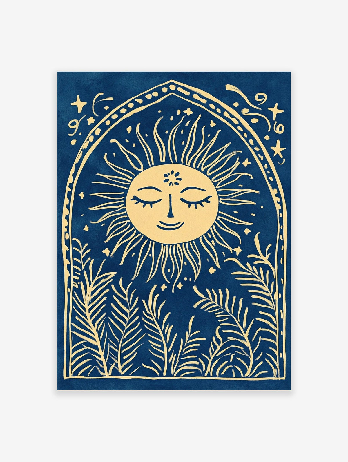 Illustrative print of a smiling sun with leafy plants in an arched frame on a blue background