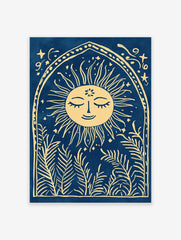 Illustrative print of a smiling sun with leafy plants in an arched frame on a blue background