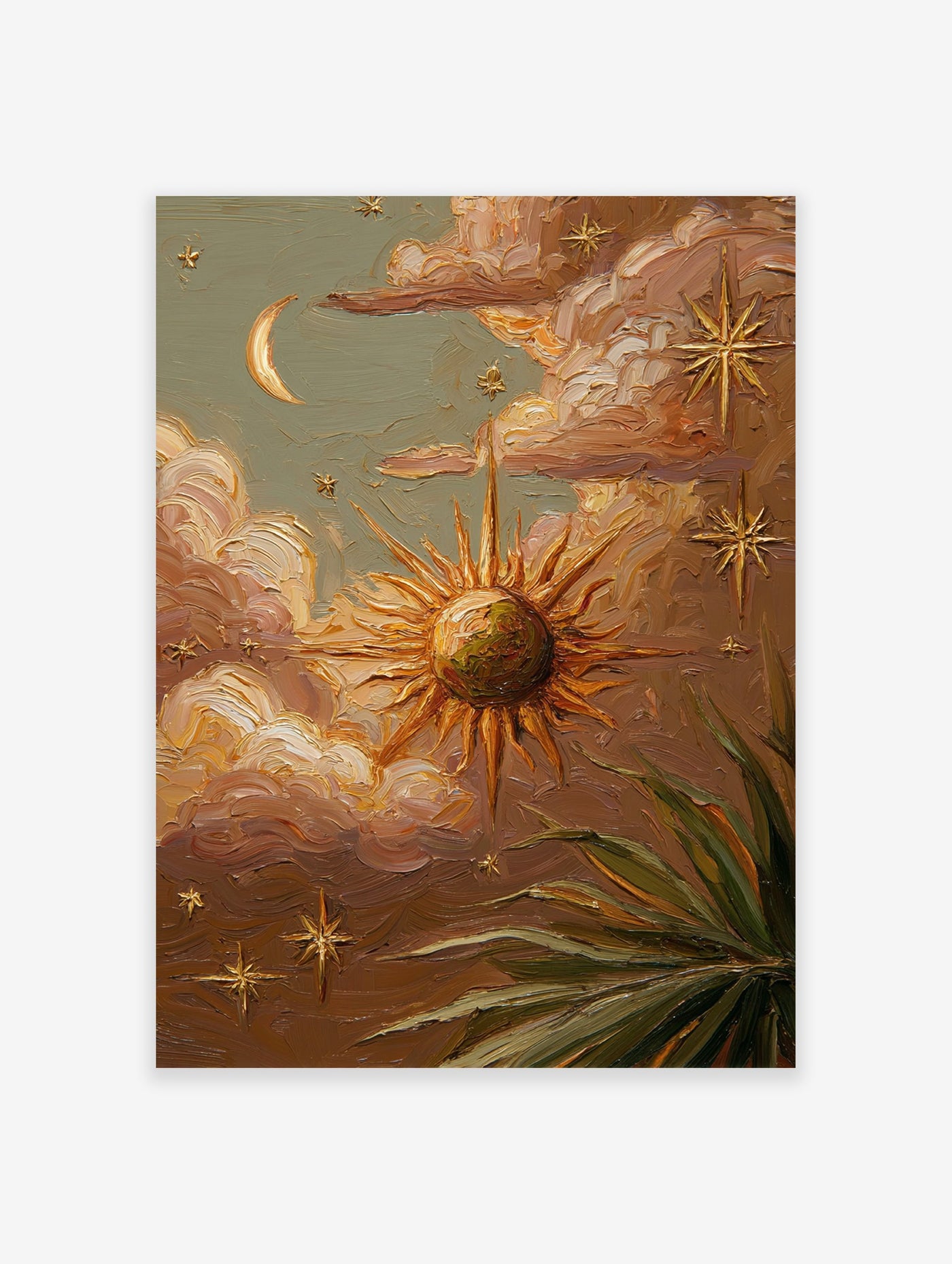 Textured celestial wall art painting with sun, moon, stars, clouds, and green foliage in earthy tones.