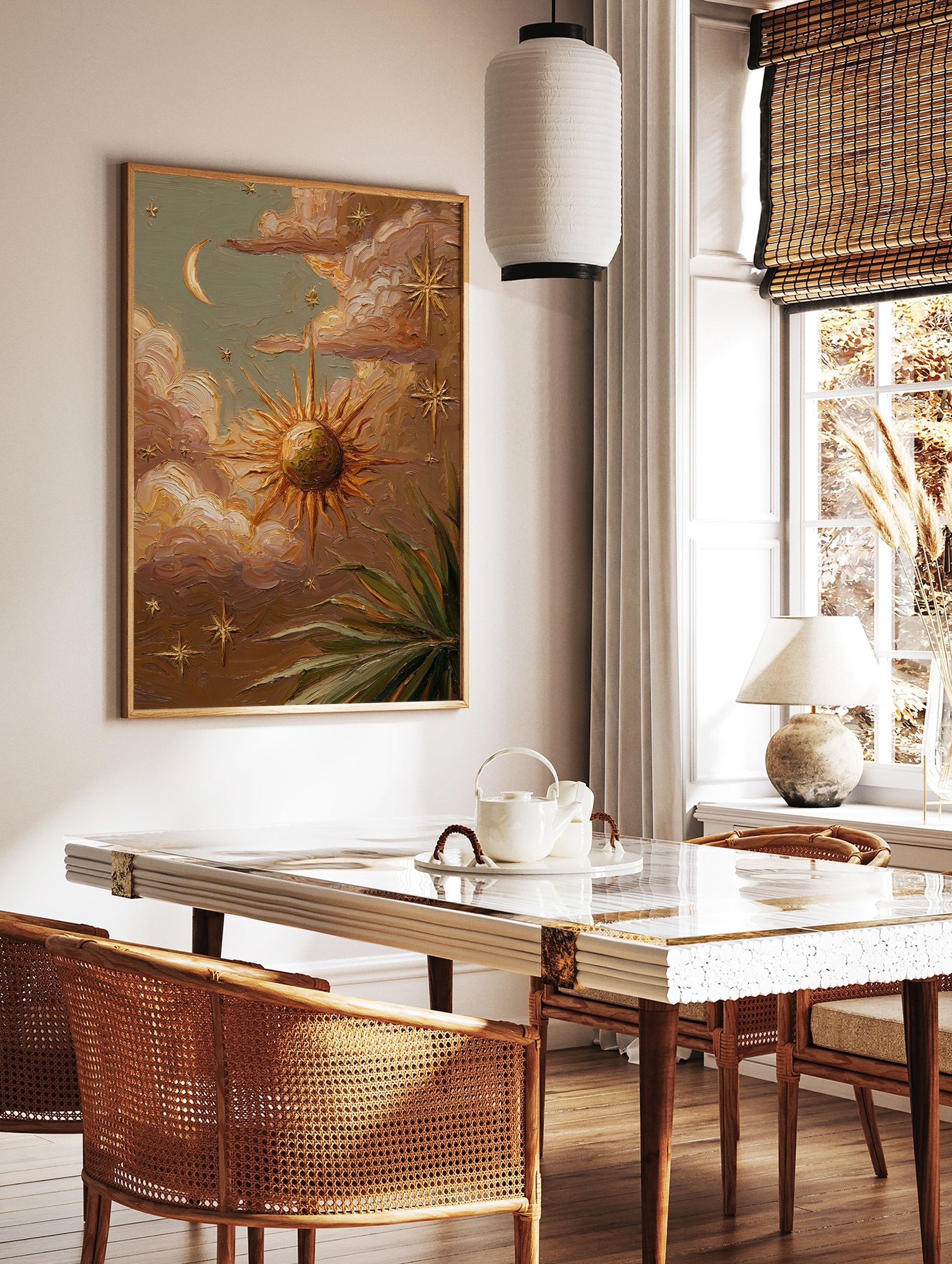 Textured celestial wall art painting with sun, moon, stars, clouds, and green foliage in earthy tones. - Image 2