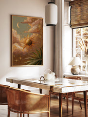 Textured celestial wall art painting with sun, moon, stars, clouds, and green foliage in earthy tones. - Image 2