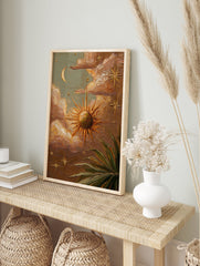 Textured celestial wall art painting with sun, moon, stars, clouds, and green foliage in earthy tones. - Image 3