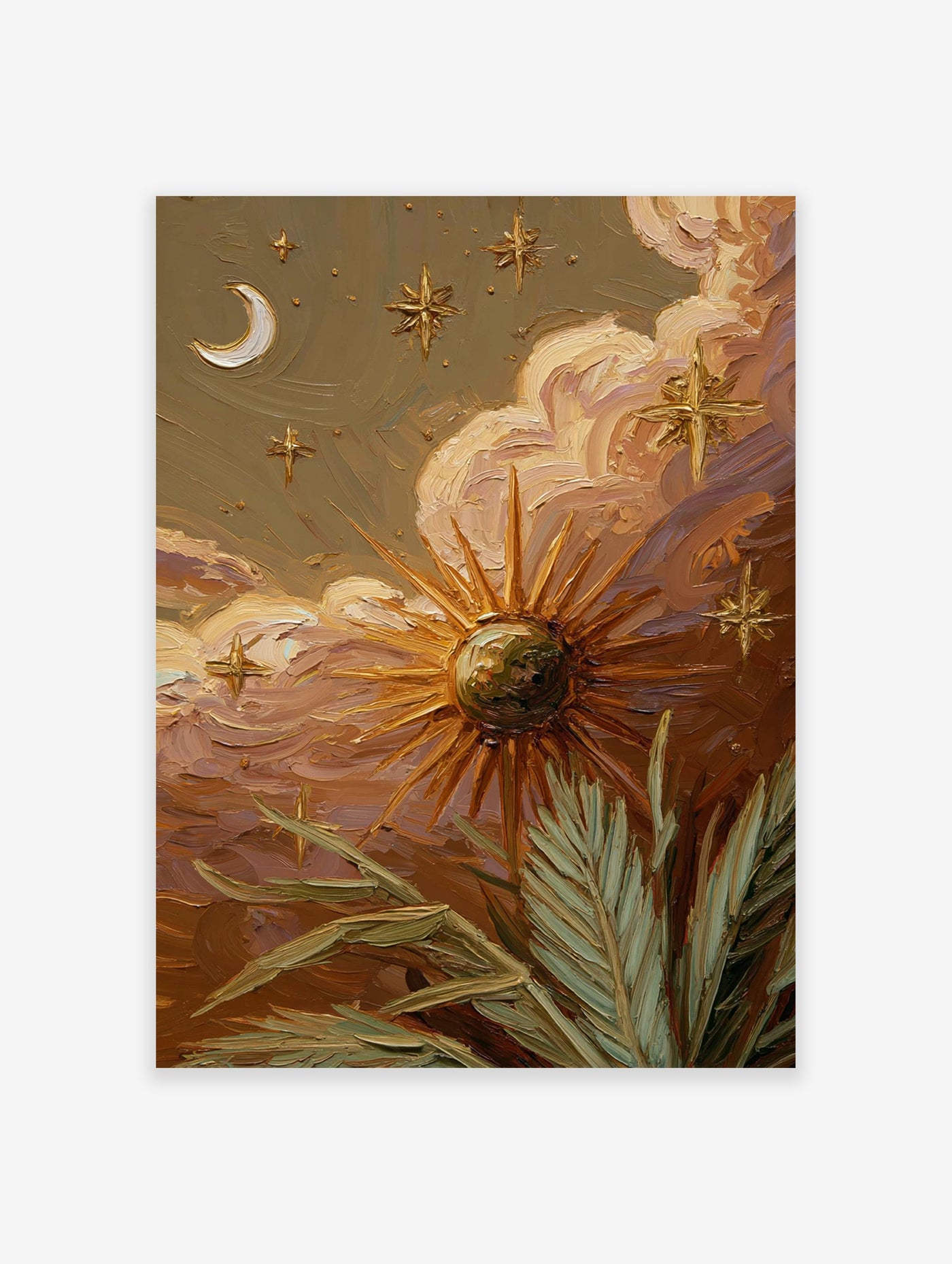 Textured celestial wall art painting with sun, moon, stars, clouds, and tropical leaves in earthy tones.