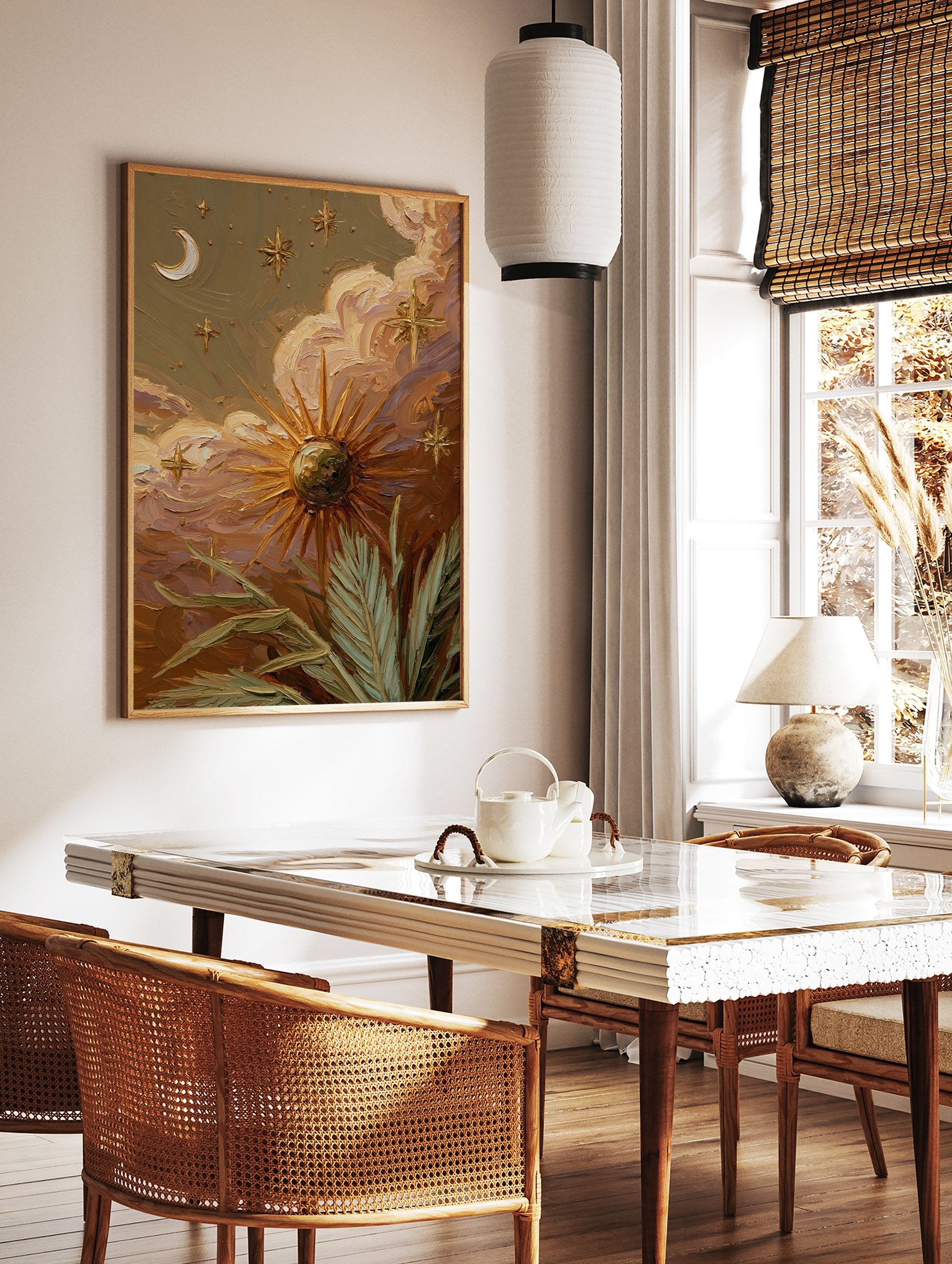 Textured celestial wall art painting with sun, moon, stars, clouds, and tropical leaves in earthy tones. - Image 2
