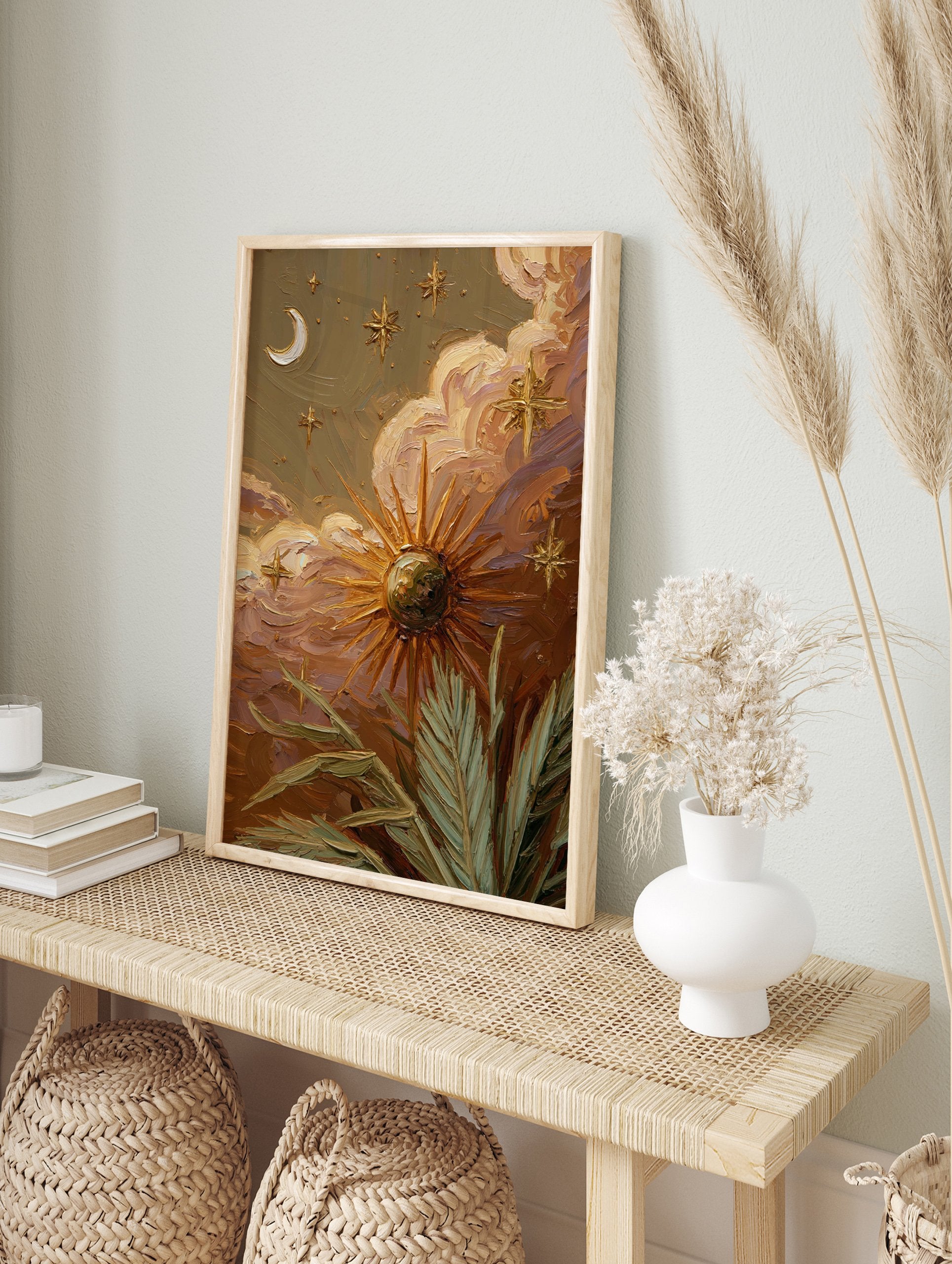 Textured celestial wall art painting with sun, moon, stars, clouds, and tropical leaves in earthy tones. - Image 3