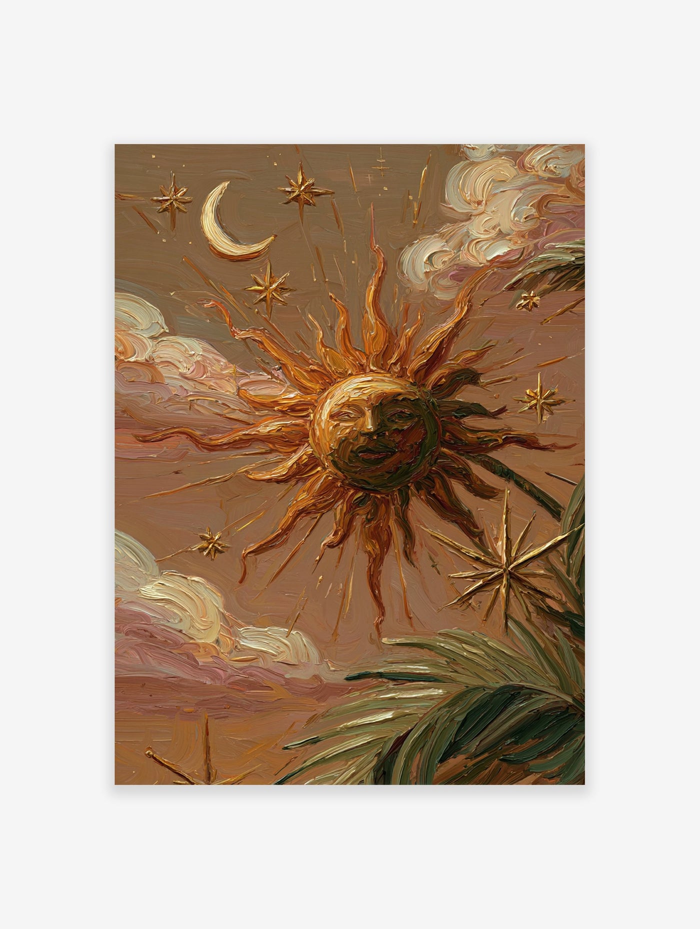 Textured celestial wall art painting with a sun face, crescent moon, stars, clouds, and palm leaves in earth tones.