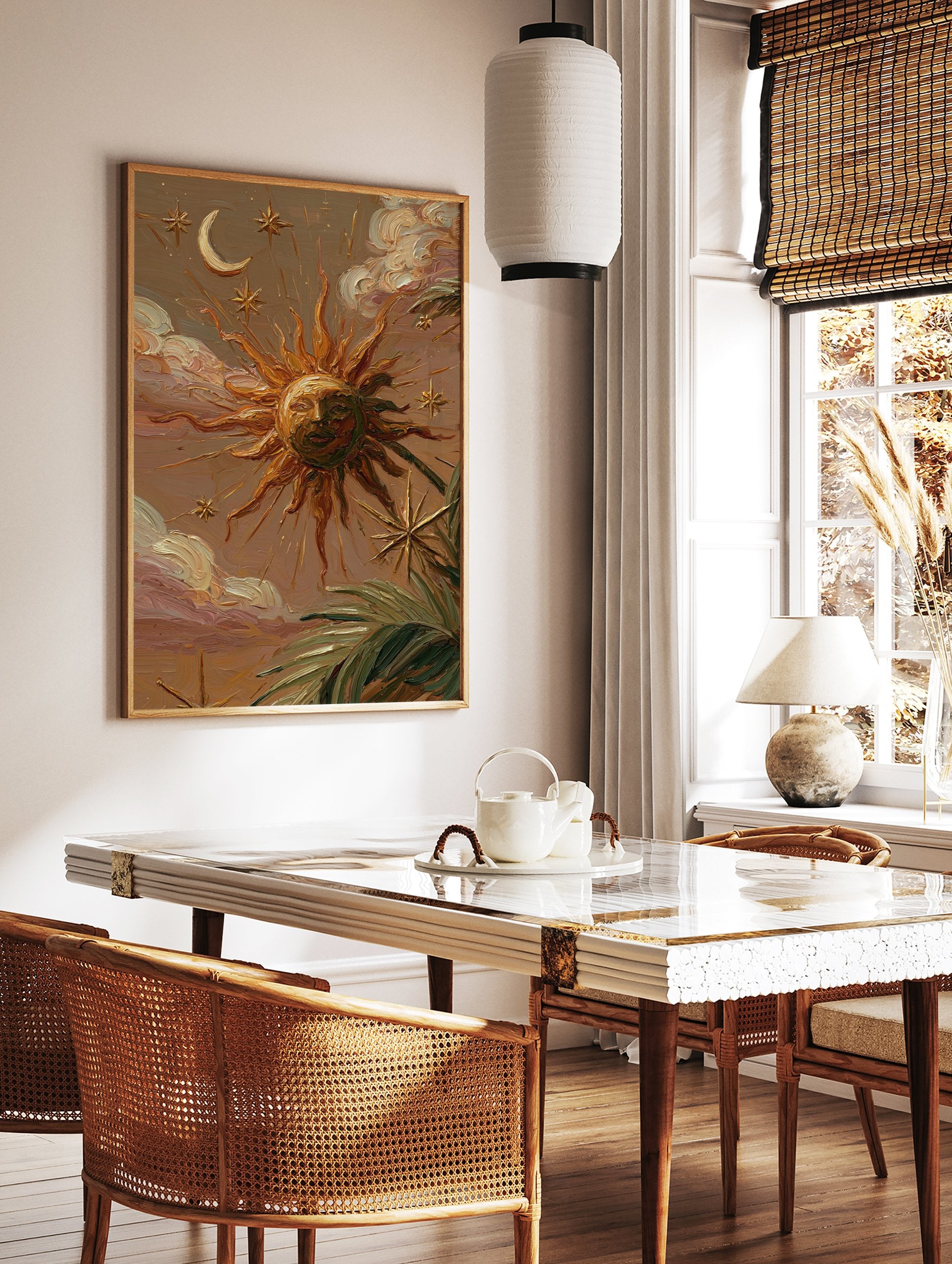 Textured celestial wall art painting with a sun face, crescent moon, stars, clouds, and palm leaves in earth tones. - Image 2