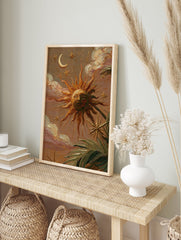 Textured celestial wall art painting with a sun face, crescent moon, stars, clouds, and palm leaves in earth tones. - Image 3