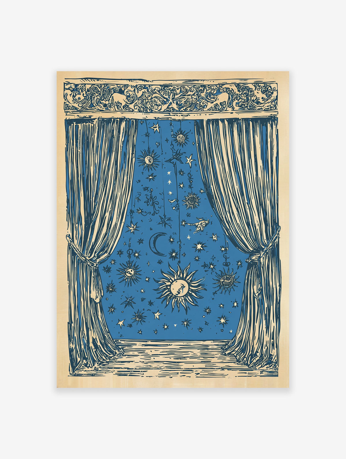Celestial window poster with a blue night sky illustration featuring suns, moons, and stars, framed by ornate curtains.