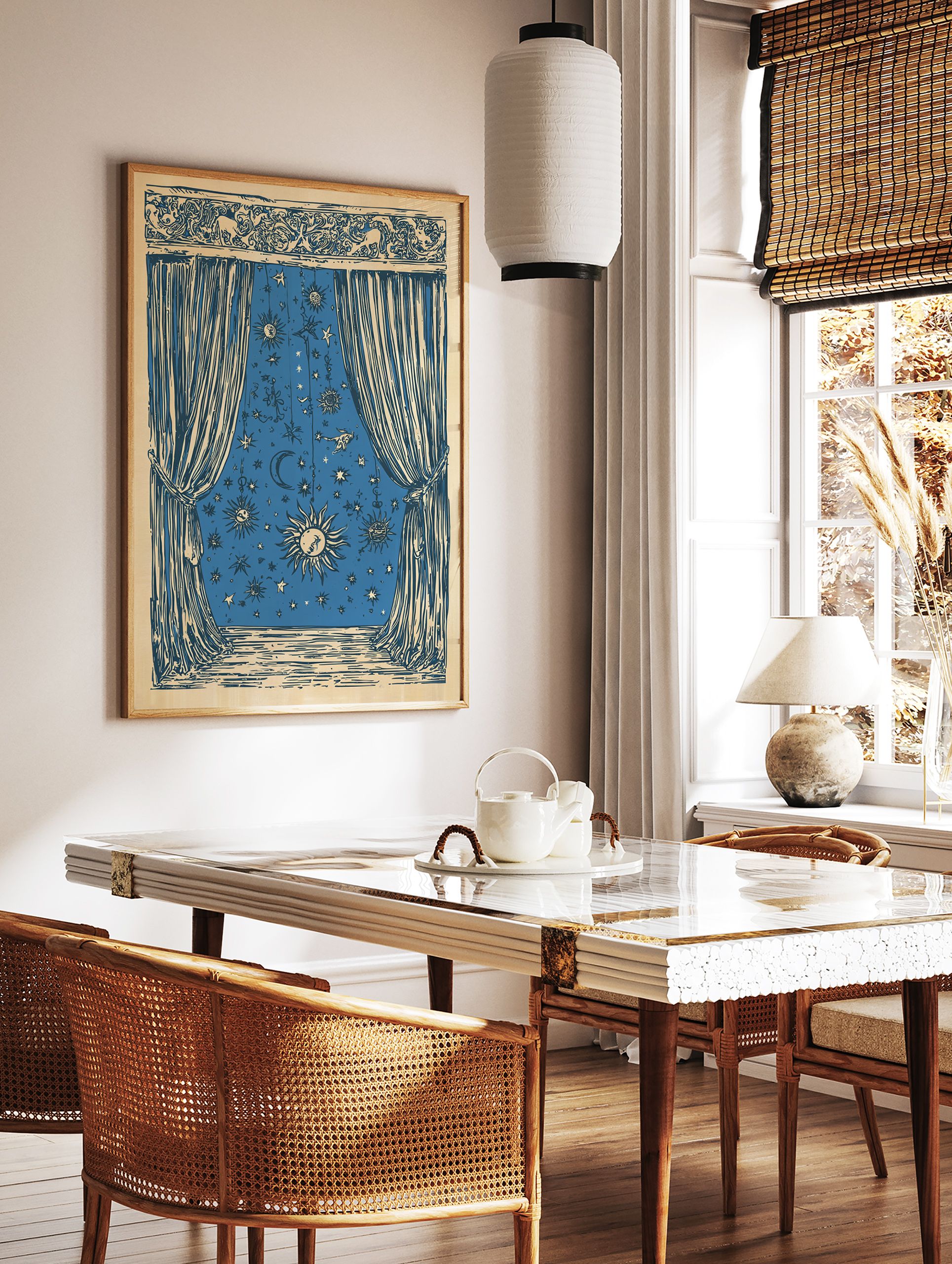 Celestial window poster with a blue night sky illustration featuring suns, moons, and stars, framed by ornate curtains. - Image 2