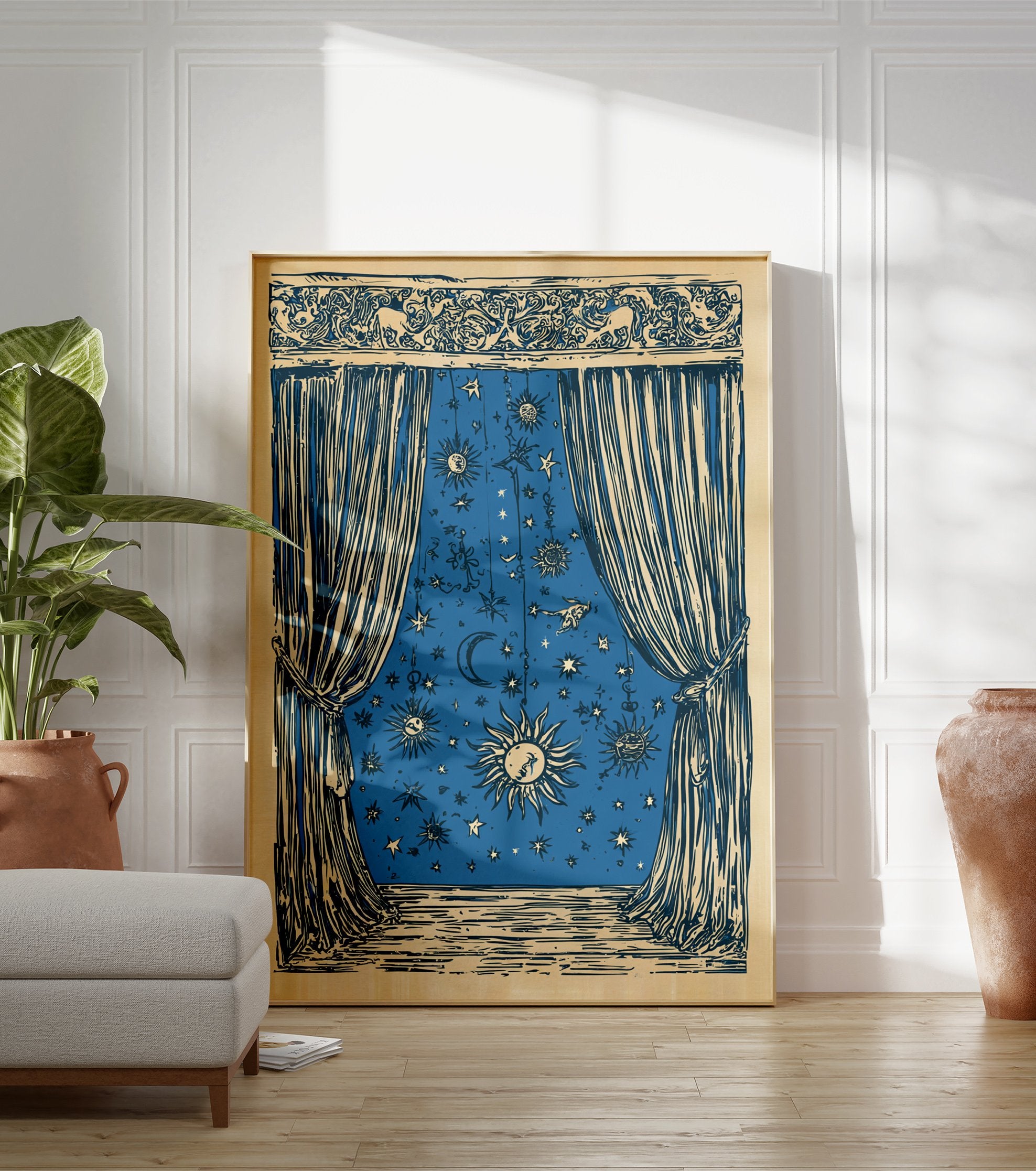 Celestial window poster with a blue night sky illustration featuring suns, moons, and stars, framed by ornate curtains. - Image 3
