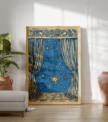 Celestial window poster with a blue night sky illustration featuring suns, moons, and stars, framed by ornate curtains. - Image 3