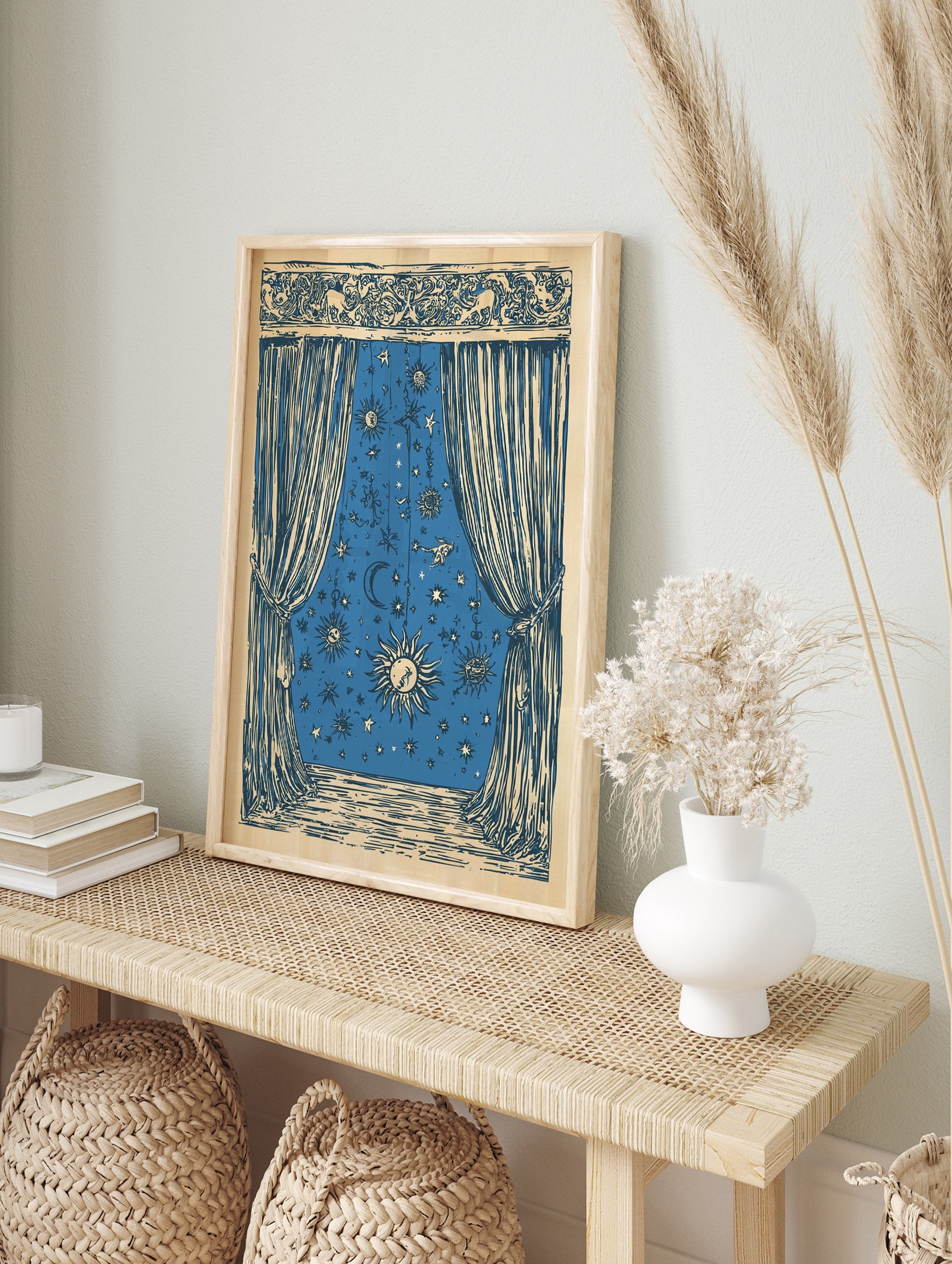 Celestial window poster with a blue night sky illustration featuring suns, moons, and stars, framed by ornate curtains. - Image 4