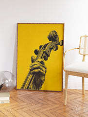 Detailed illustration of a hand holding the neck of a cello against a bright yellow background, Cello Art Print. - Image 2