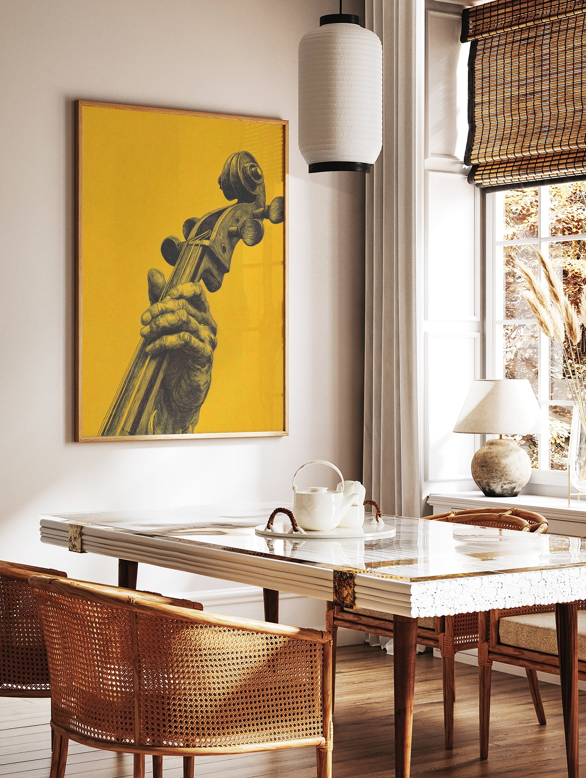 Detailed illustration of a hand holding the neck of a cello against a bright yellow background, Cello Art Print. - Image 3
