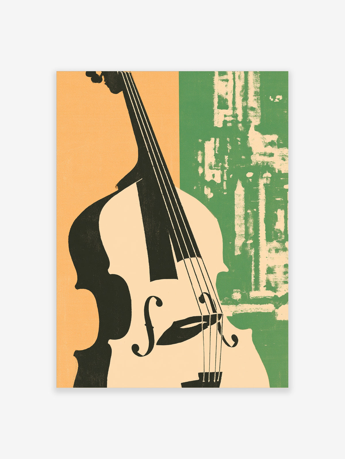 Cello silhouette music poster with black strings, f-holes, and green and orange colour blocks