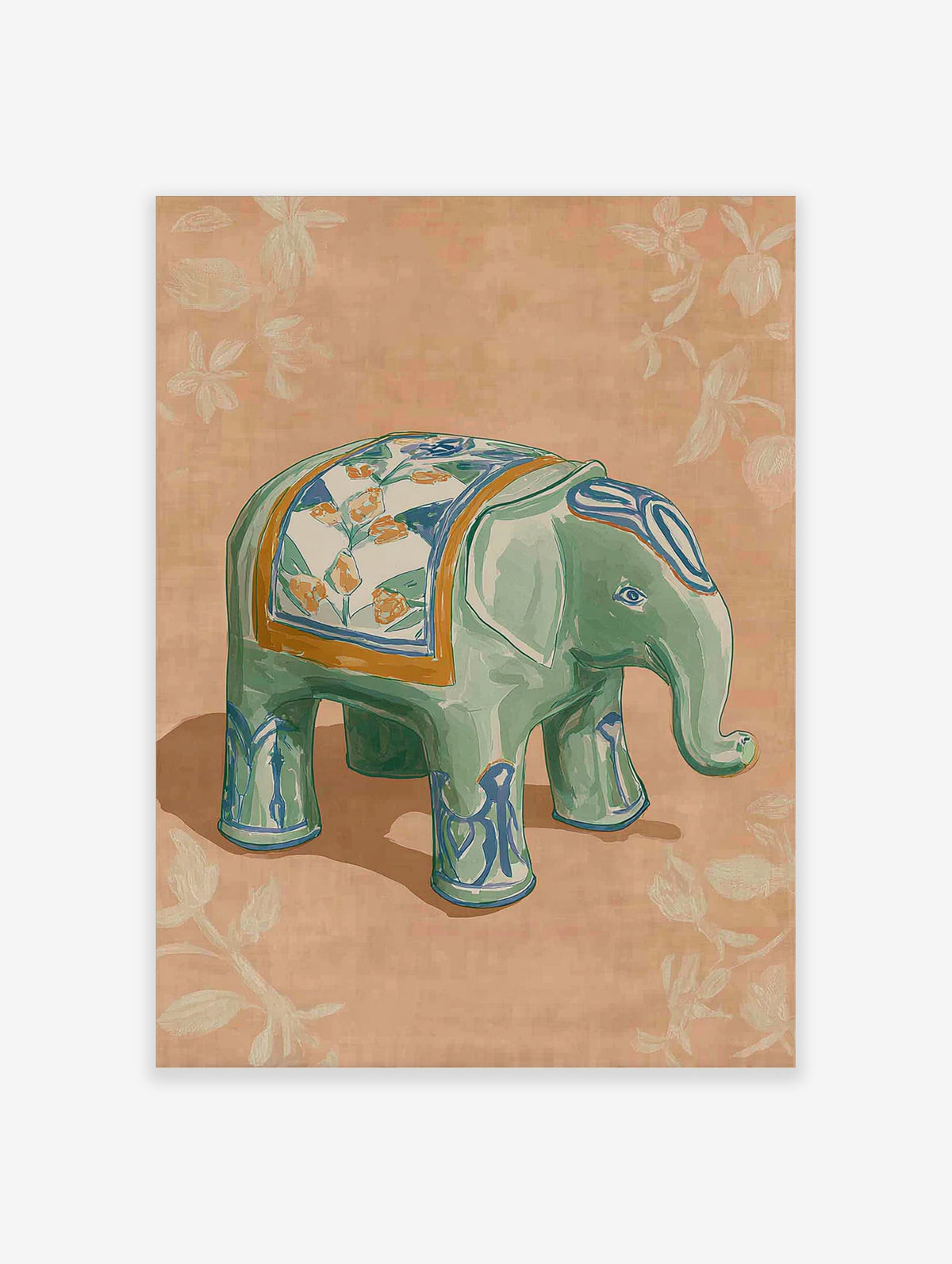 Green ceramic elephant with blue and orange floral saddle, peach background, illustrated wall art print