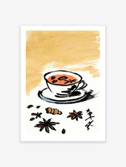 Japanese style illustration of a chai tea cup with star anise, ginger, and coffee beans on a warm background.