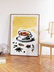 Japanese style illustration of a chai tea cup with star anise, ginger, and coffee beans on a warm background. - Image 2