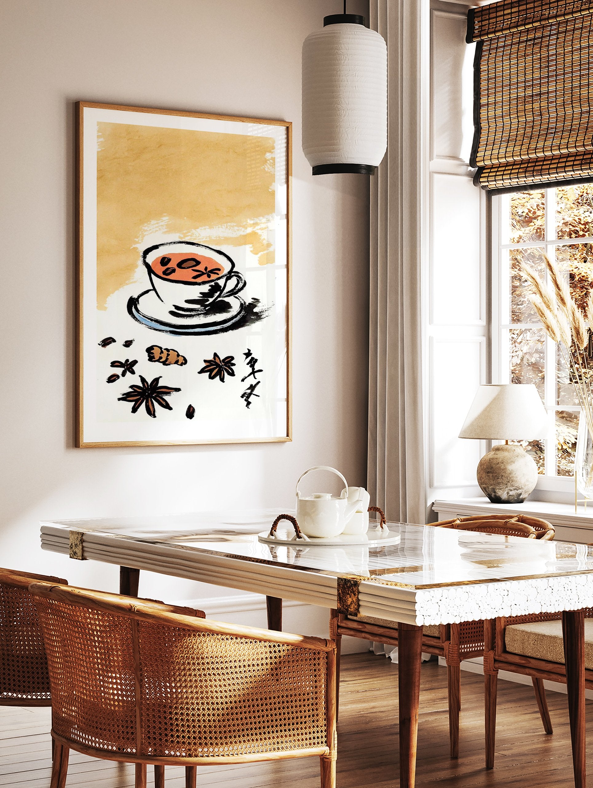 Japanese style illustration of a chai tea cup with star anise, ginger, and coffee beans on a warm background. - Image 3