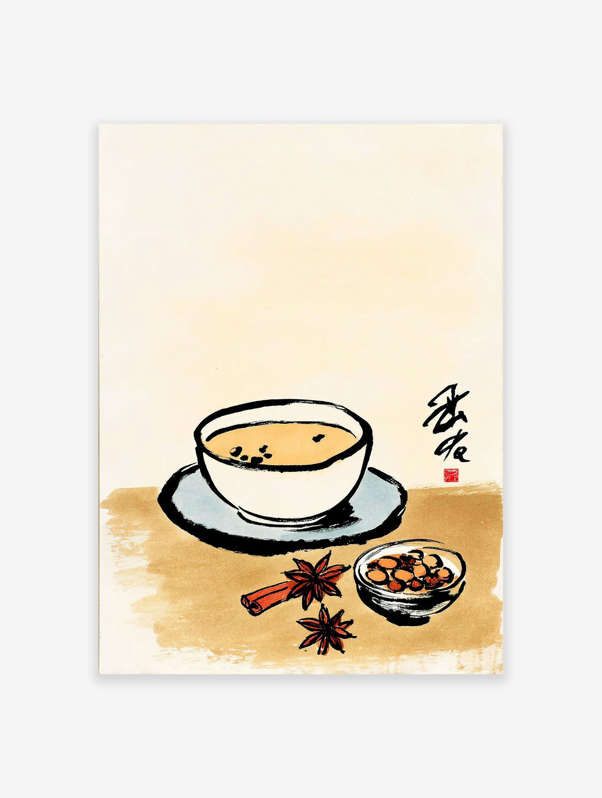 Illustrated chai tea with cinnamon, star anise, and nuts in a bowl, in an Asian art style, on a beige background.