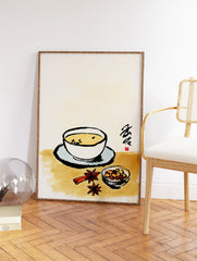 Illustrated chai tea with cinnamon, star anise, and nuts in a bowl, in an Asian art style, on a beige background. - Image 2