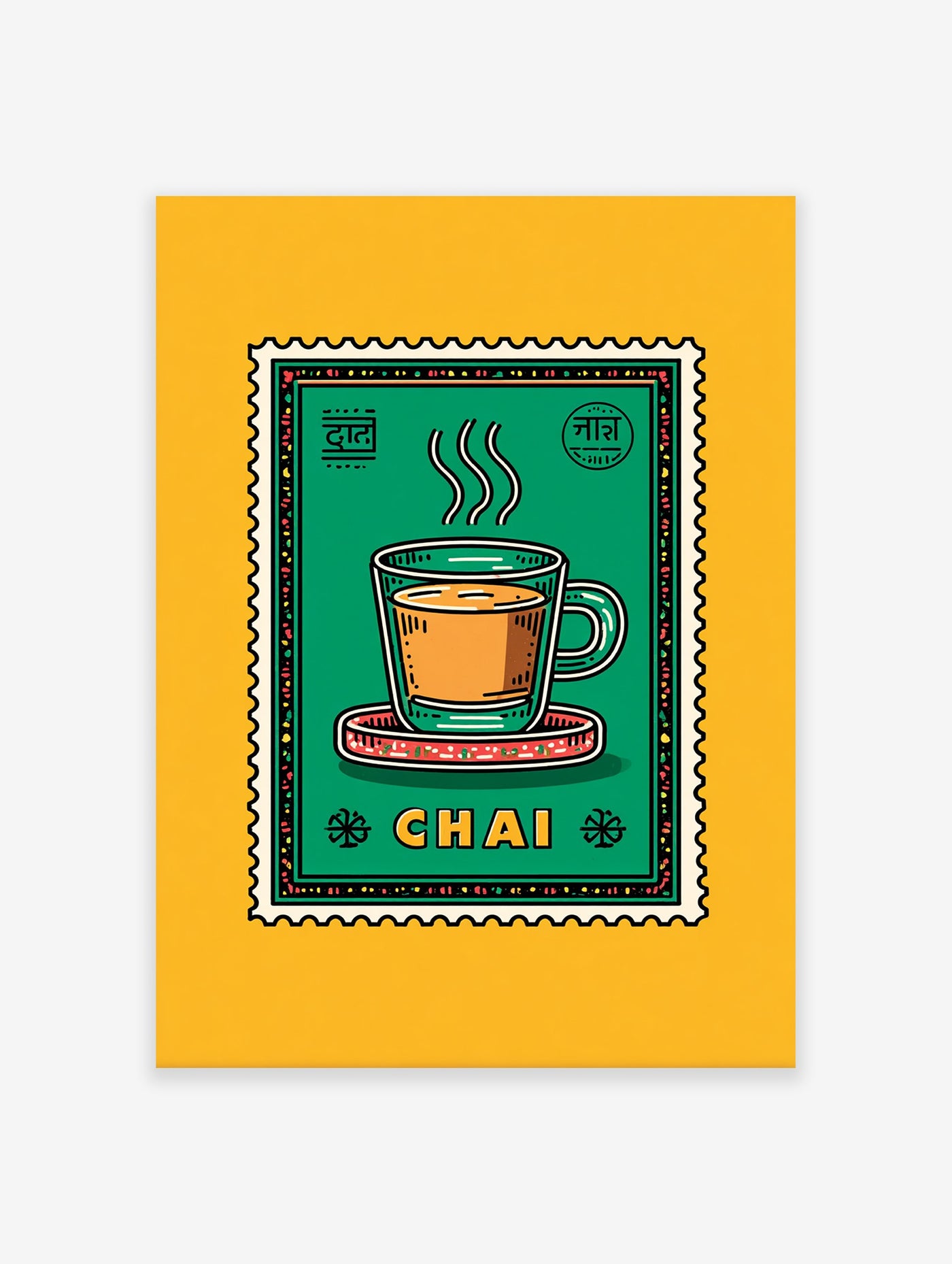 Illustrated Chai Wall Art print depicting a steaming cup of Indian tea in a green postage stamp design with yellow background.