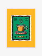 Illustrated Chai Wall Art print depicting a steaming cup of Indian tea in a green postage stamp design with yellow background.