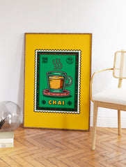 Illustrated Chai Wall Art print depicting a steaming cup of Indian tea in a green postage stamp design with yellow background. - Image 2