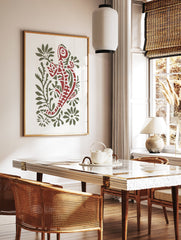 Red and green illustrated chameleon art print surrounded by green foliage on a white background, nature decor. - Image 2