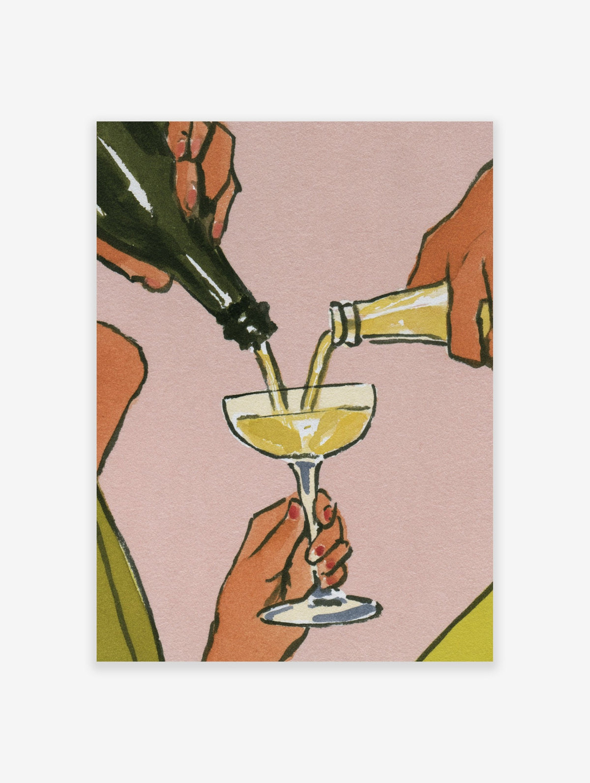 Illustrative champagne pouring poster showing two hands filling a coupe glass with sparkling wine on a soft pink background