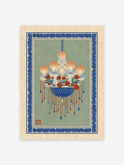 Chandelier floral art print with red roses, blue accents, and an ornate blue border on a sage green background.