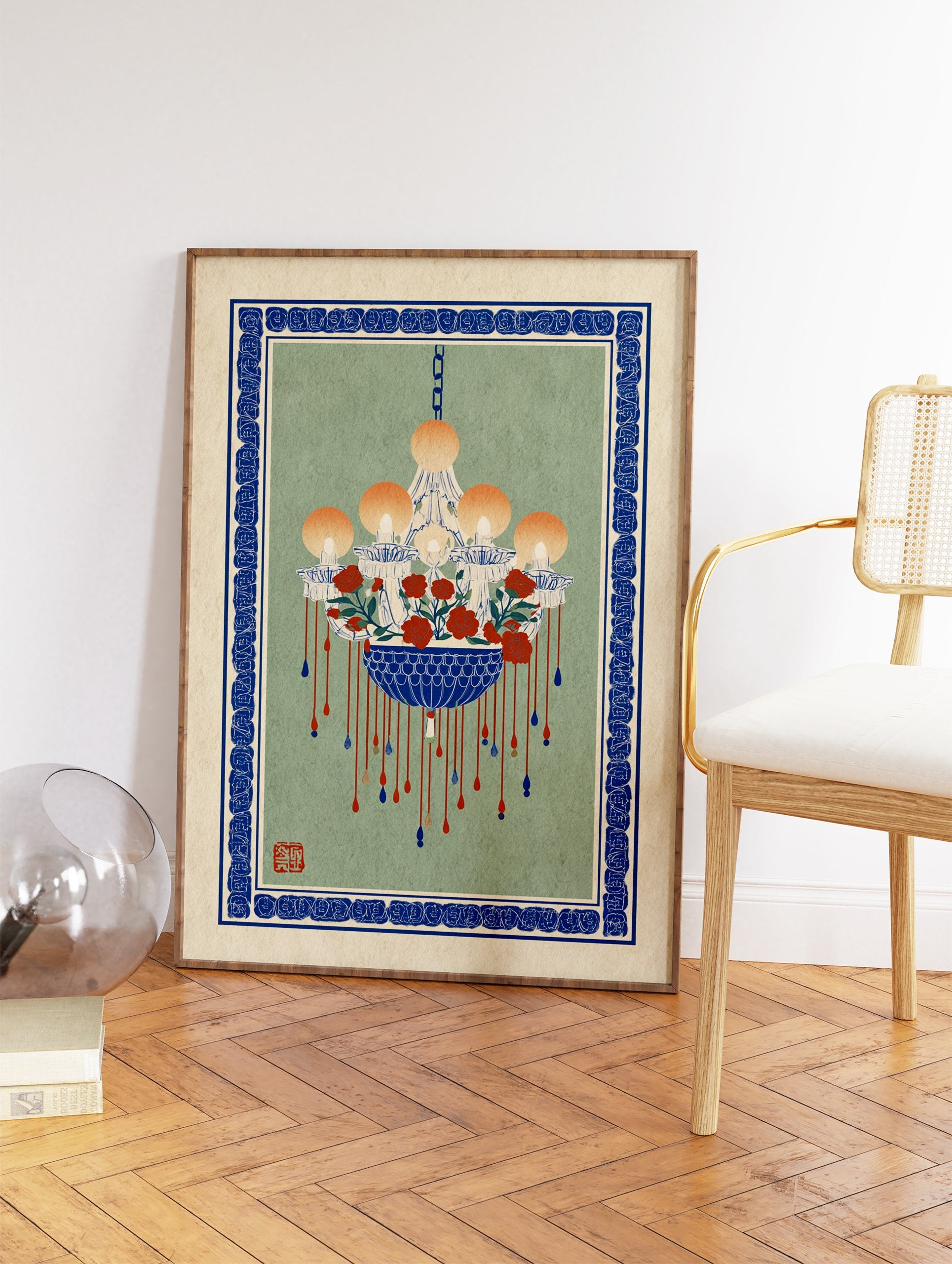 Chandelier floral art print with red roses, blue accents, and an ornate blue border on a sage green background. - Image 2