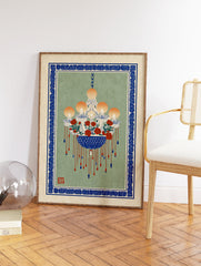 Chandelier floral art print with red roses, blue accents, and an ornate blue border on a sage green background. - Image 2