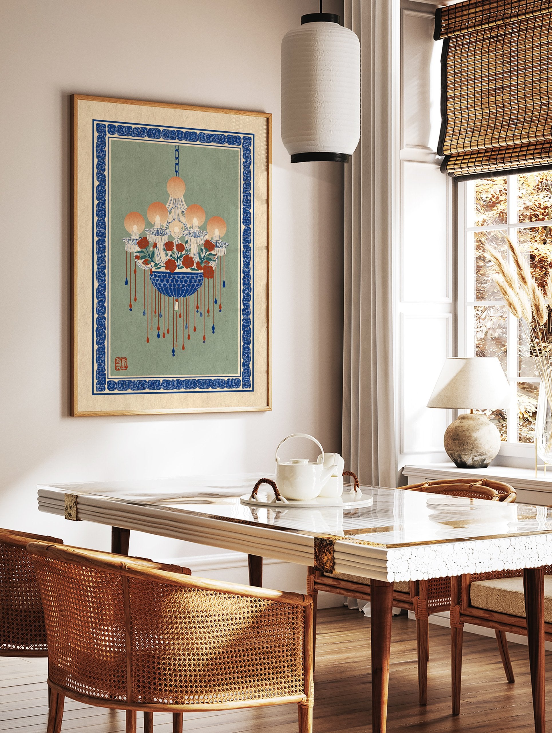 Chandelier floral art print with red roses, blue accents, and an ornate blue border on a sage green background. - Image 3
