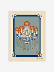 Ornate blue and orange chandelier wall art illustration with traditional patterns and red hanging elements