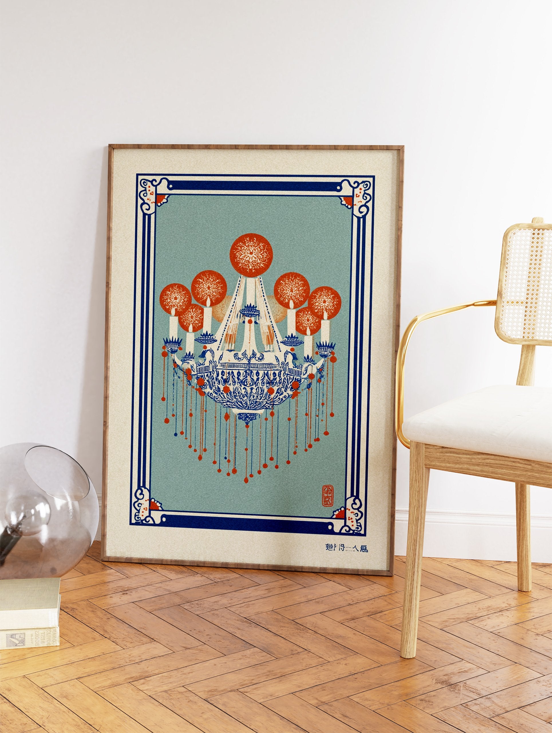 Ornate blue and orange chandelier wall art illustration with traditional patterns and red hanging elements - Image 2