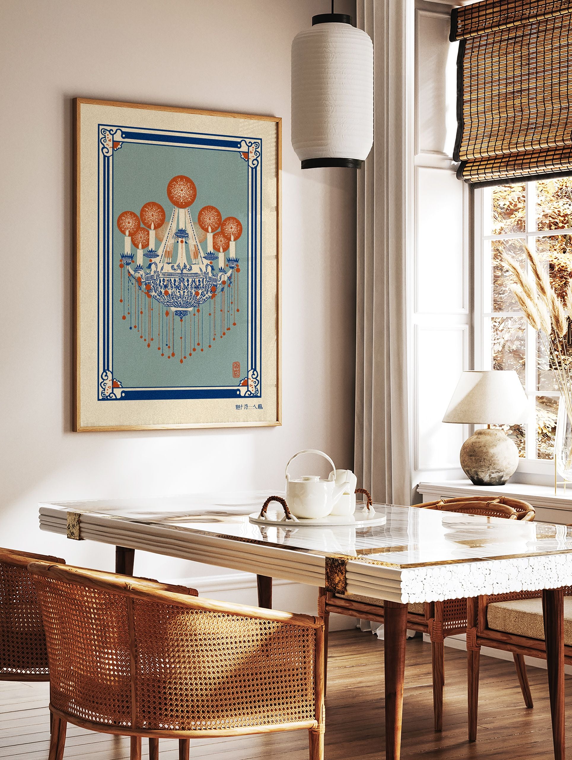 Ornate blue and orange chandelier wall art illustration with traditional patterns and red hanging elements - Image 3