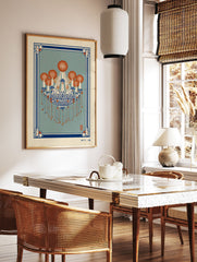 Ornate blue and orange chandelier wall art illustration with traditional patterns and red hanging elements - Image 3