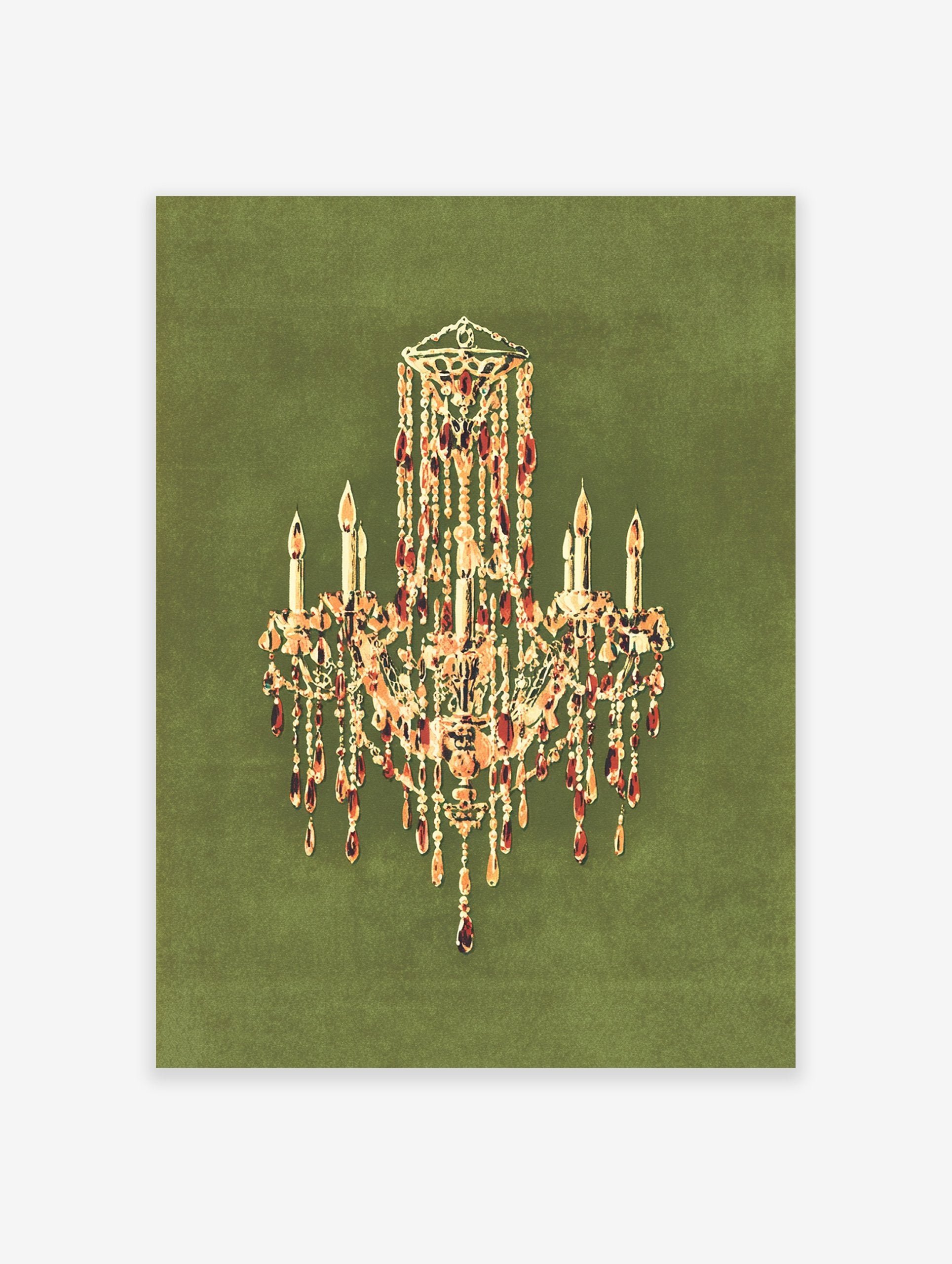 Elegant crystal chandelier wall art print with glowing candles on a dark green background, featuring gold and amber details.