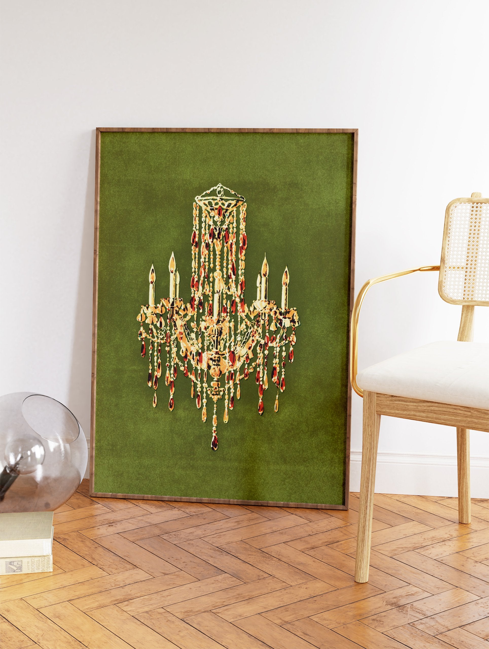Elegant crystal chandelier wall art print with glowing candles on a dark green background, featuring gold and amber details. - Image 2