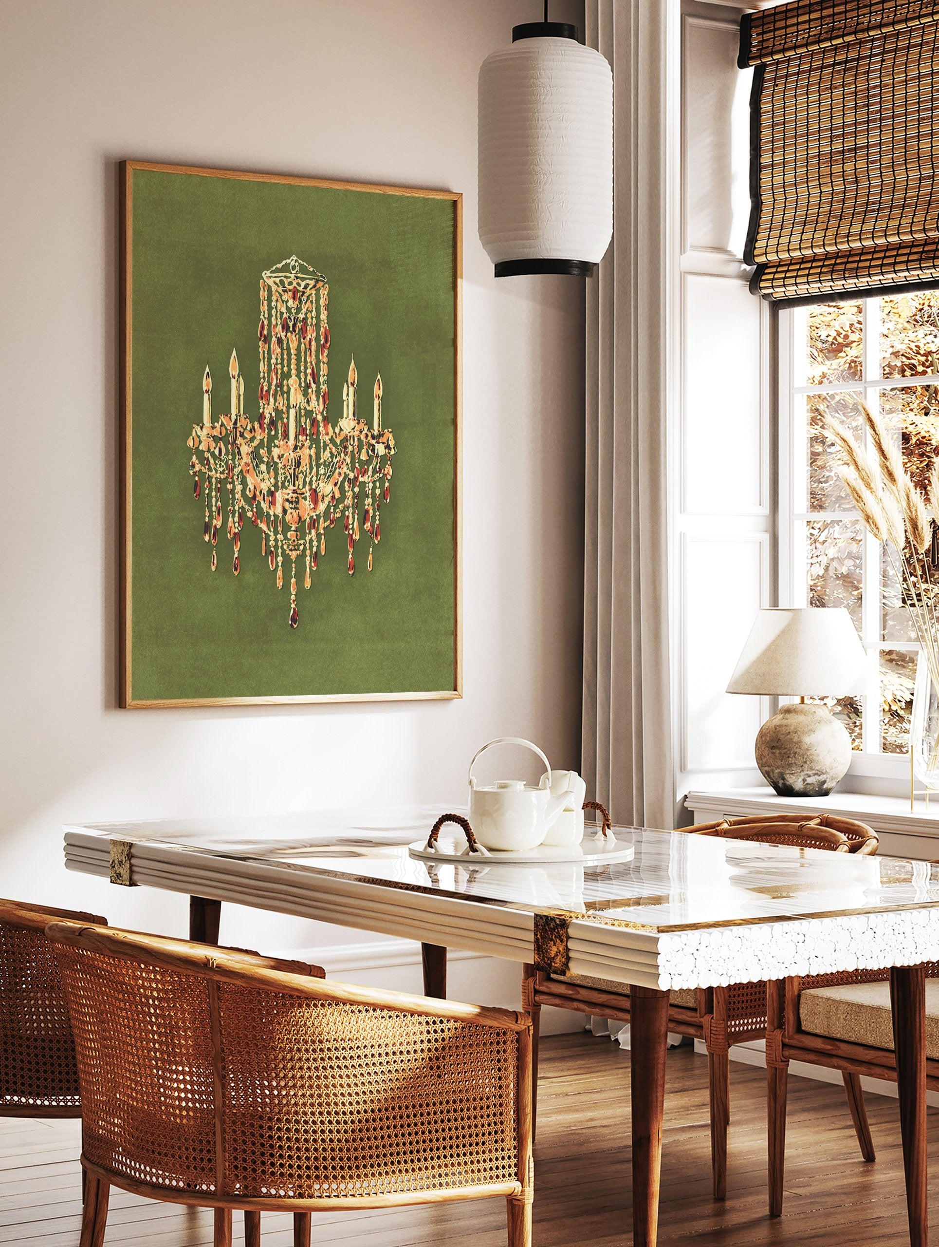 Elegant crystal chandelier wall art print with glowing candles on a dark green background, featuring gold and amber details. - Image 3