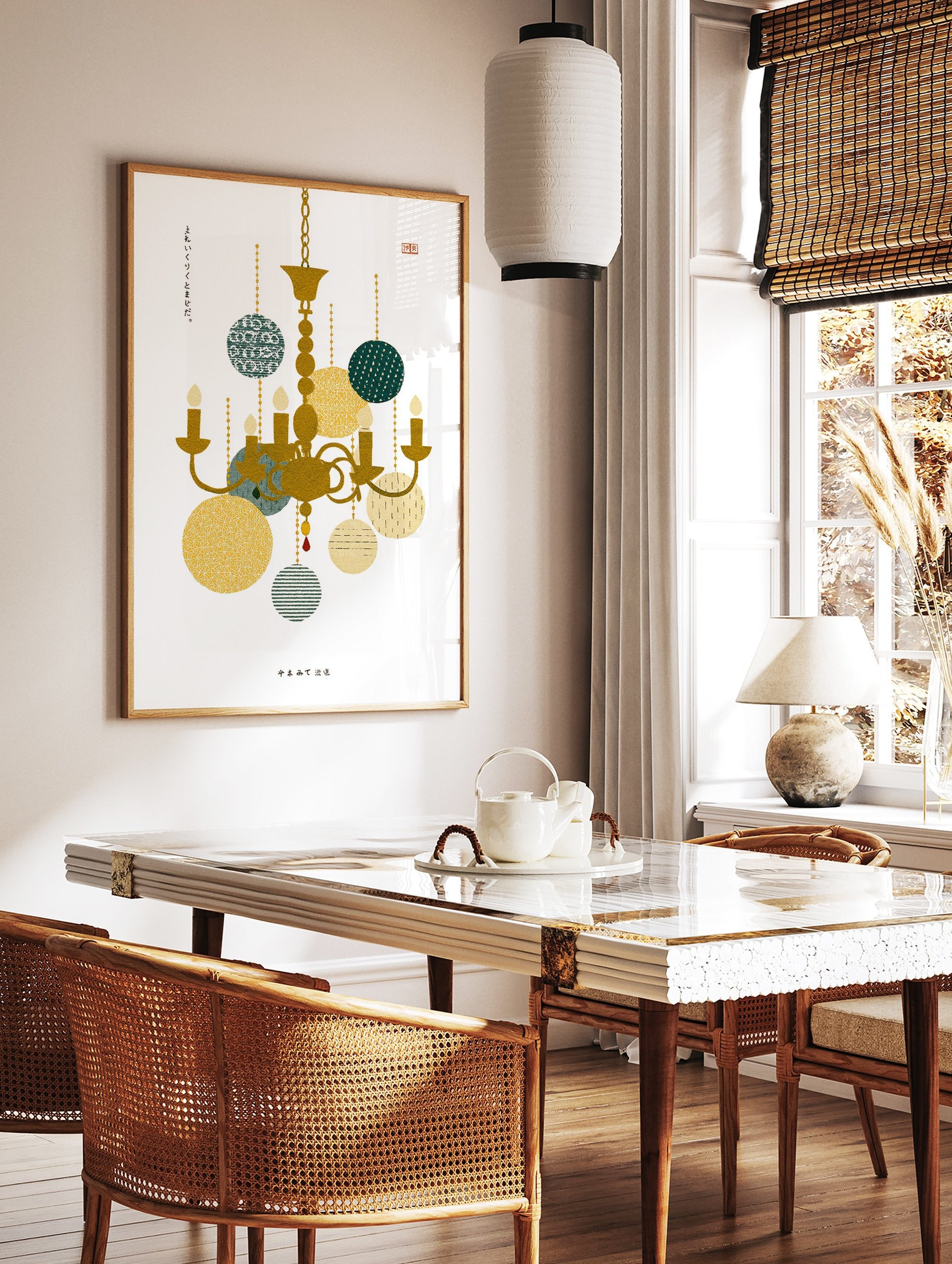 Japanese illustration chandelier wall art with gold and green patterned circles on a white background, featuring subtle text. - Image 2