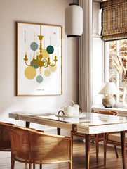 Japanese illustration chandelier wall art with gold and green patterned circles on a white background, featuring subtle text. - Image 2
