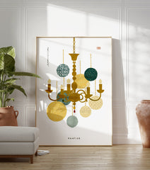 Japanese illustration chandelier wall art with gold and green patterned circles on a white background, featuring subtle text. - Image 3