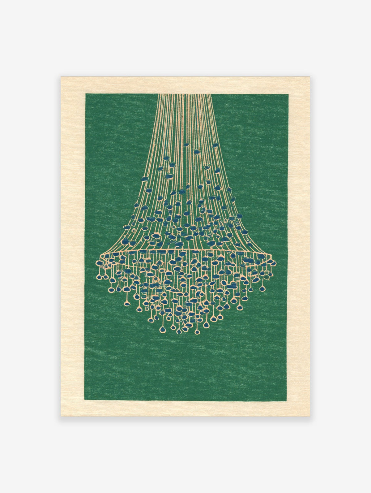 Illustrative chandelier wall art print with cream lines and blue beads on a deep green background