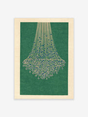 Illustrative chandelier wall art print with cream lines and blue beads on a deep green background